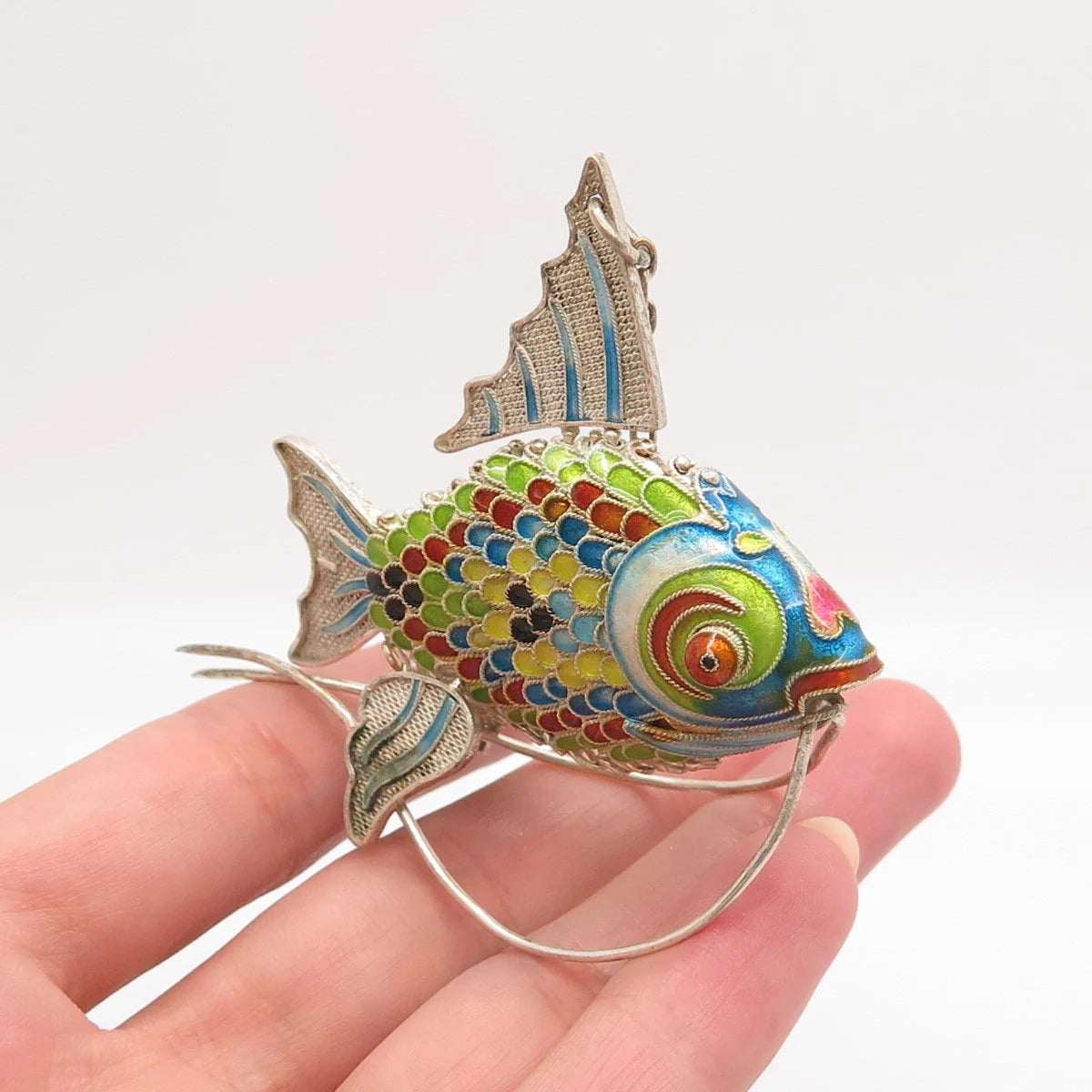 925 Sterling Silver Antique Enamel Chinese Koi Fish Articulated Fob / Pendant