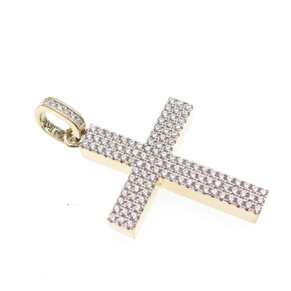 925 Sterling Silver Gold Plated Round-Cut C Z Cross Pendant