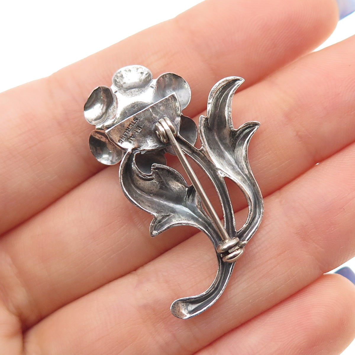 BEAU 925 Sterling Silver Vintage Rose Flower Oxidized Pin Brooch