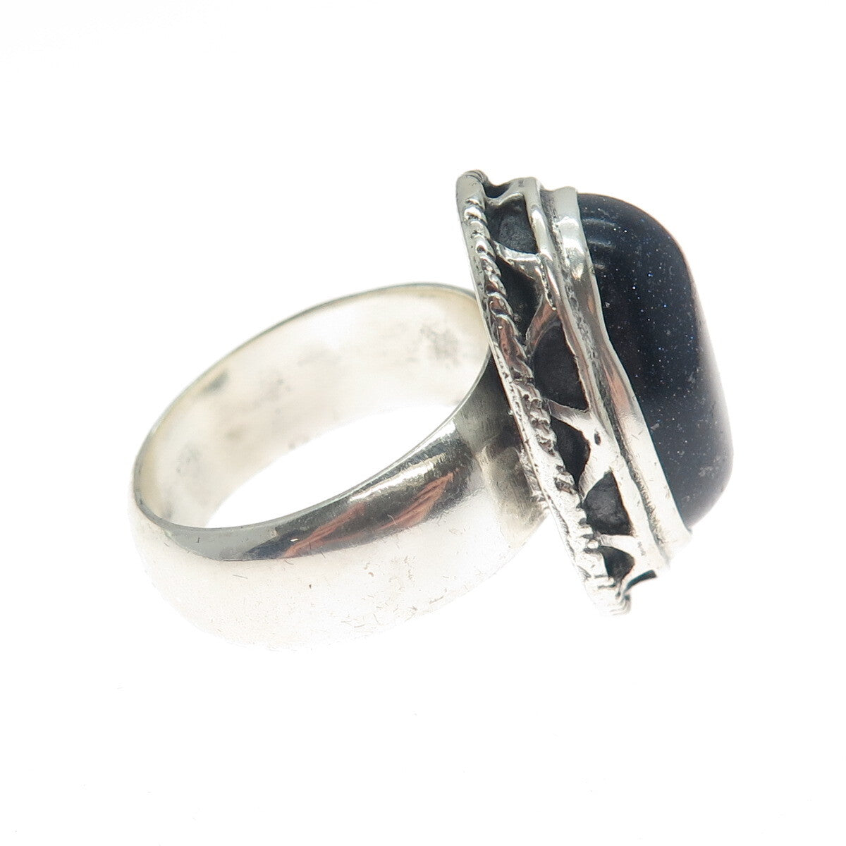 925 Sterling Silver Vintage Real Blue Sunstone Zig Zag Oxidized Ring Size 8.75