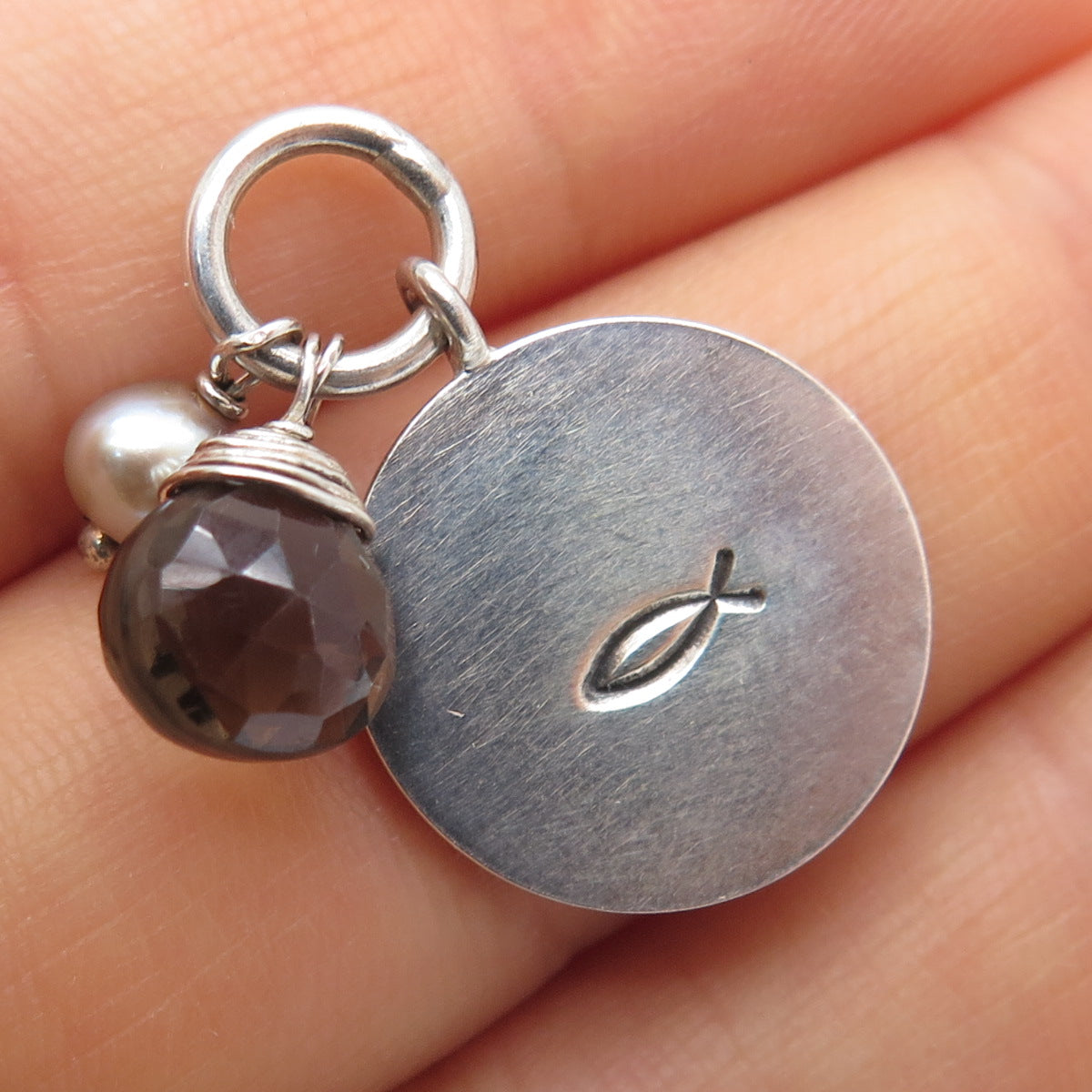 LOTUS 925 Sterling Silver Vintage Real Pearl Smoky Quartz Ichthys Charm Pendant