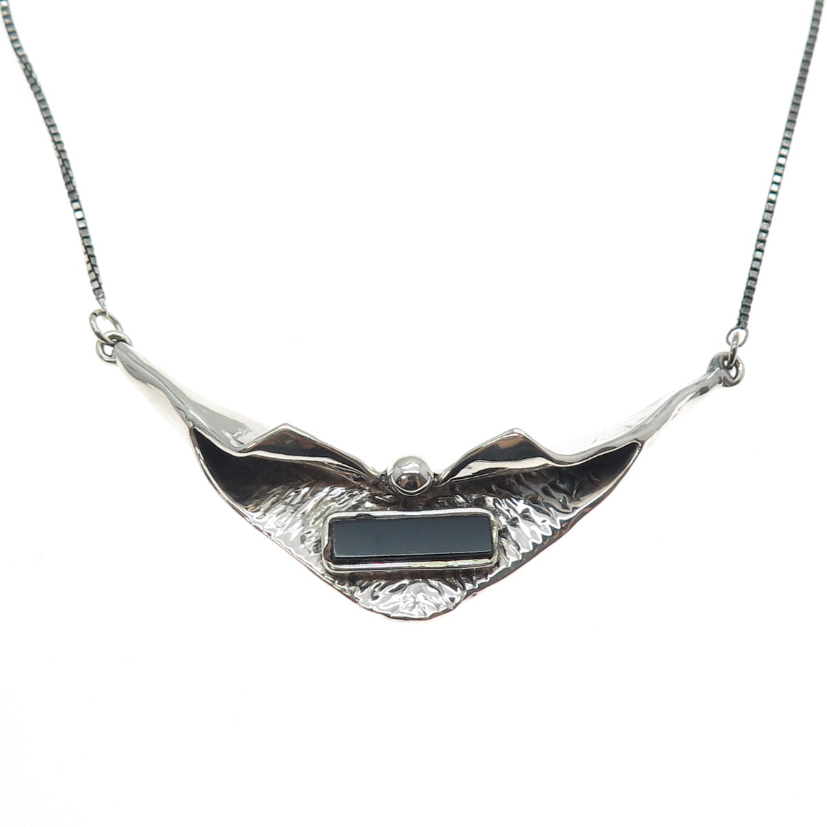 925 Sterling Silver Vintage Real Black Onyx Modernist Box Chain Necklace 18"