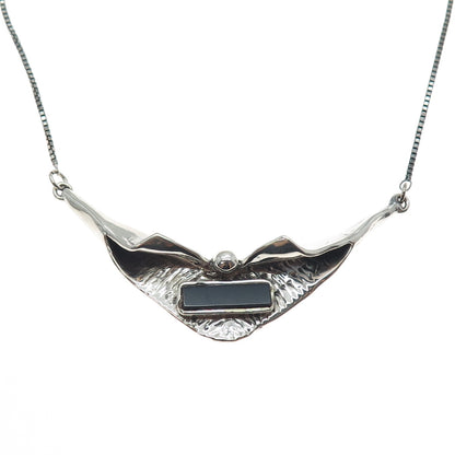 925 Sterling Silver Vintage Real Black Onyx Modernist Box Chain Necklace 18"