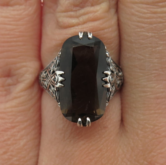 925 Sterling Silver Vintage Real Smoky Quartz Ornate Ring Size 6