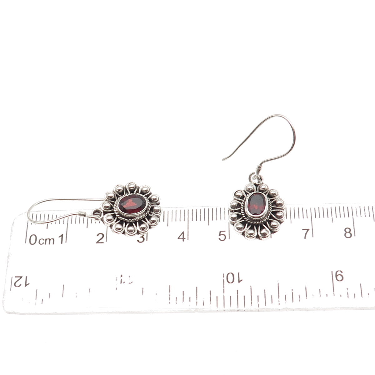 925 Sterling Silver Vintage Real Red Garnet Floral Beaded Dangle Earrings
