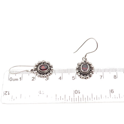 925 Sterling Silver Vintage Real Red Garnet Floral Beaded Dangle Earrings