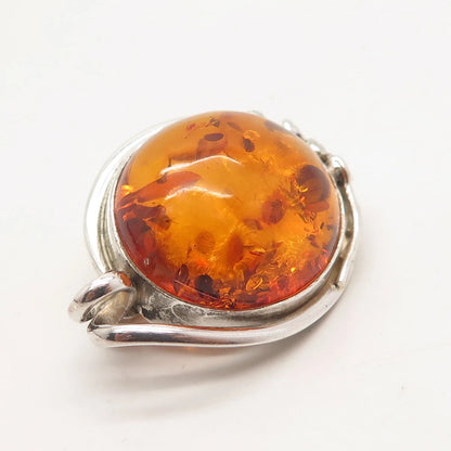 925 Sterling Silver Vintage Real Amber Pin Brooch