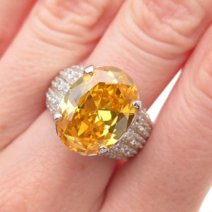 925 Sterling Silver Oval-Cut Canary & Round-Cut White C Z Ring Size 7.25