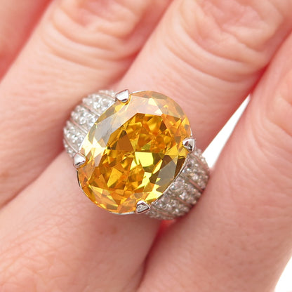 925 Sterling Silver Oval-Cut Canary & Round-Cut White C Z Ring Size 7.25