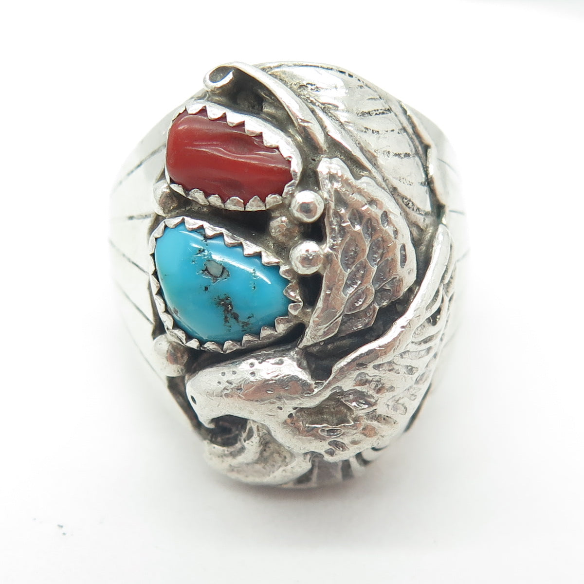 REX ABEITA NAVAJO Old Pawn Sterling Silver Turquoise & Coral Eagle Ring Size 11