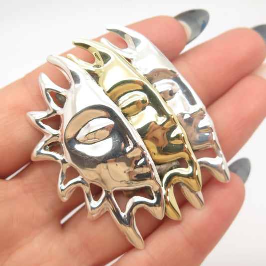 925 Sterling Silver 2-Tone Vintage Mexico Triple Sun Face Pin Brooch