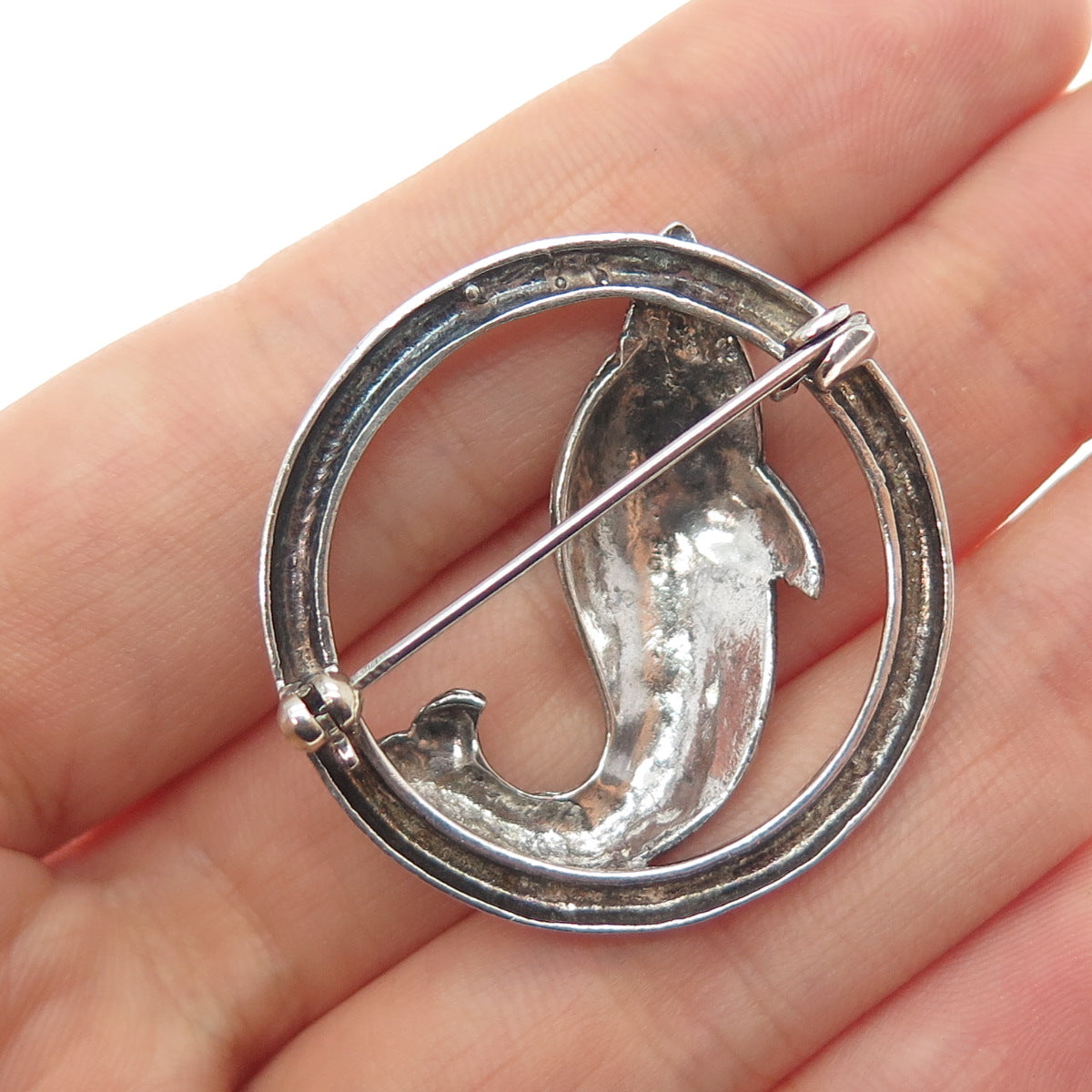925 Sterling Silver Vintage Dolphin Oxidized Pin Brooch