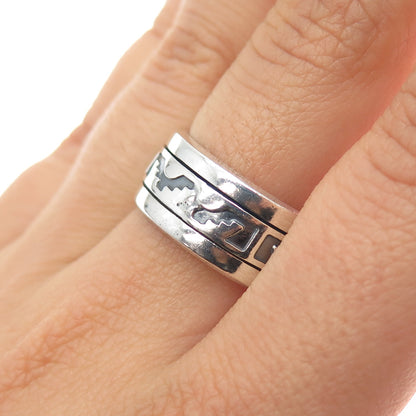 925 Sterling Silver Vintage Aztec Rotating Band Oxidized Ring Size 9.25