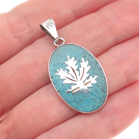 925 Sterling Silver Vintage Mexico Real Turquoise Cannabis Leaf Charm Pendant