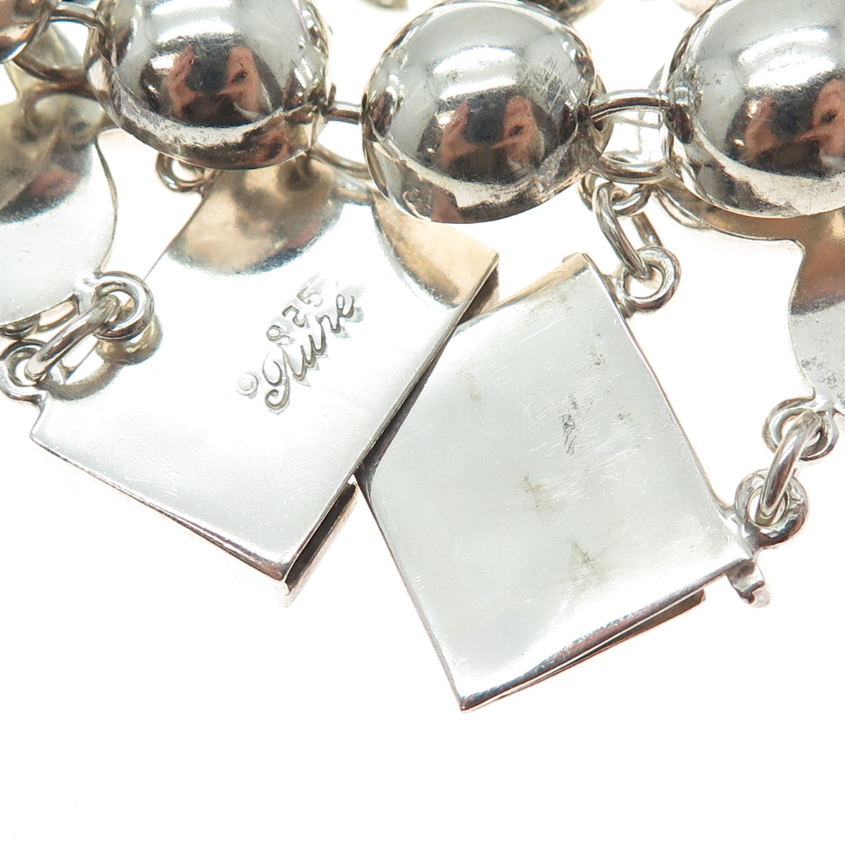 TURE 925 Sterling Silver Vintage Modernist 2-Row Beaded Link Bracelet 7.5"