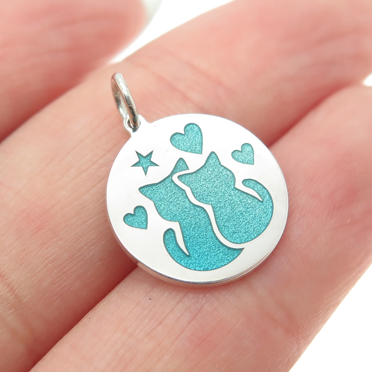 925 Sterling Silver Turquoise Enamel Cat Heart Round Minimalist Charm Pendant