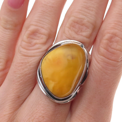 925 Sterling Vintage Real Butterscotch Amber Modernist Adjustable Ring Size 6