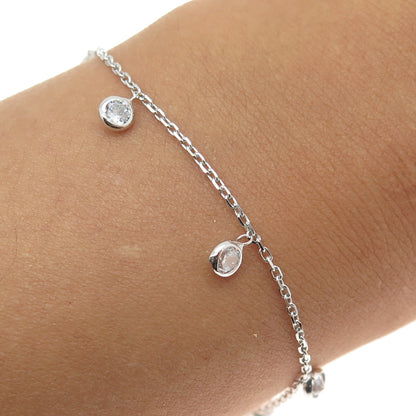 925 Sterling Silver Round-Cut C Z Dangle Charm Cable Link Anklet Bracelet 9-10"