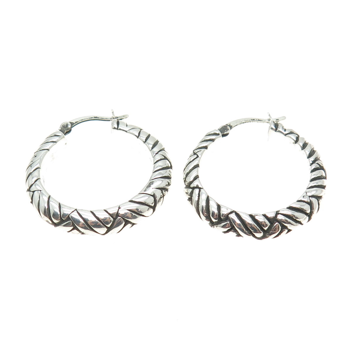 925 Sterling Silver Vintage Wicker Hinged Hoop Earrings