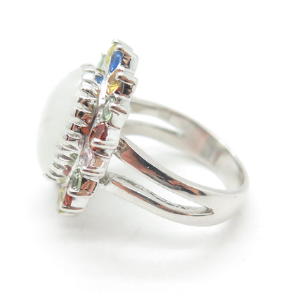 925 Sterling Silver Real Multi-Color Sapphire & Moonstone Floral Ring Size 6.75