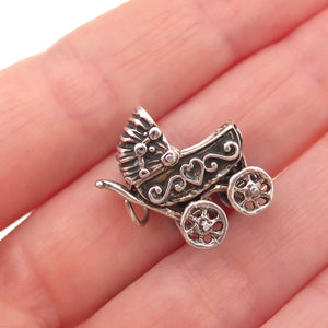 925 Sterling Silver Vintage Baby Stroller Oxidized 3D Charm Pendant