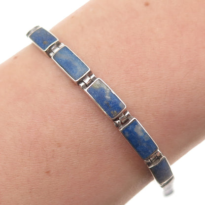 950 Silver Vintage Real Lapis Lazuli Bar Panel Link Bracelet 7"