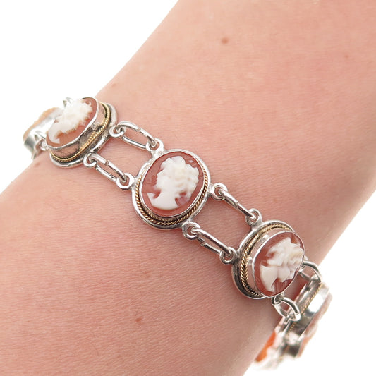 800 Silver Vintage Italy Real MOP Carved Lady Cameo Bracelet 7" (broken lock)