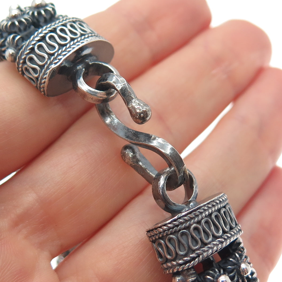 925 Sterling Silver Vintage Oxidized Cannetille Link Bracelet 7.25"
