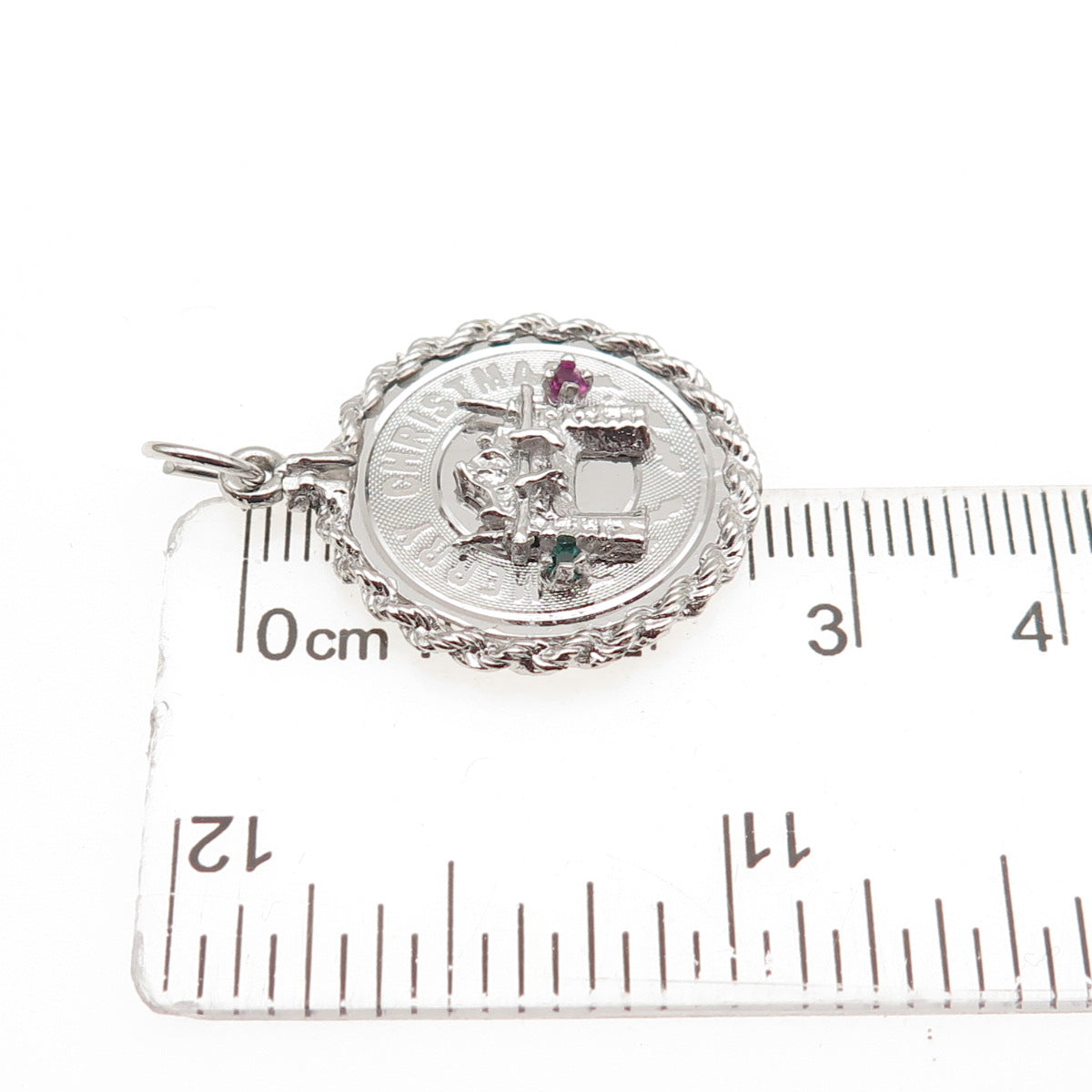 925 Sterling Silver Vintage Rhinestone Fireplace Merry Christmas Charm Pendant