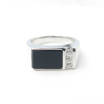 925 Sterling Silver Real Black Onyx & White C Z Ring Size 10.25