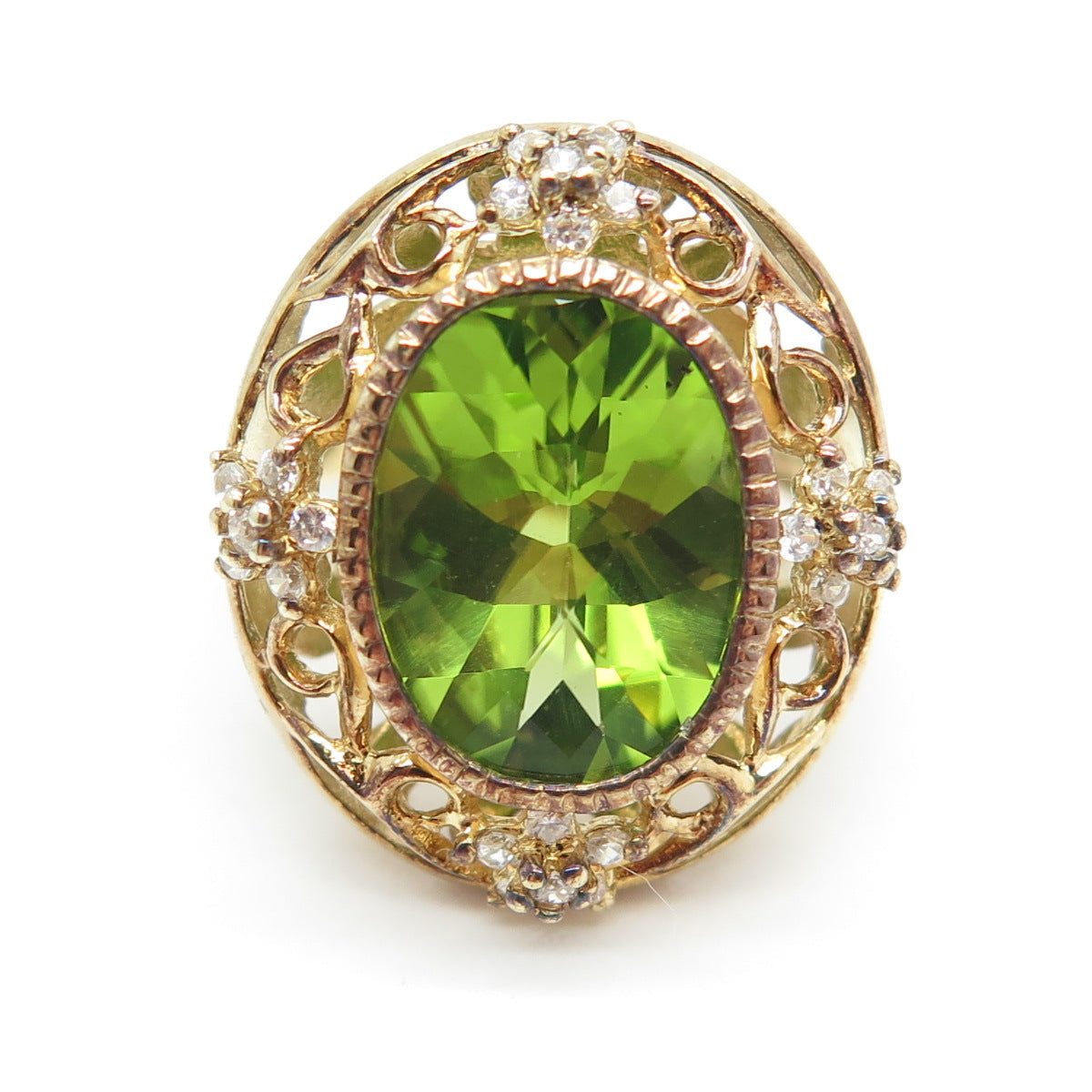 925 Sterling Silver Gold Plated Real Oval-Cut Peridot C Z Floral Ring Size 6.25