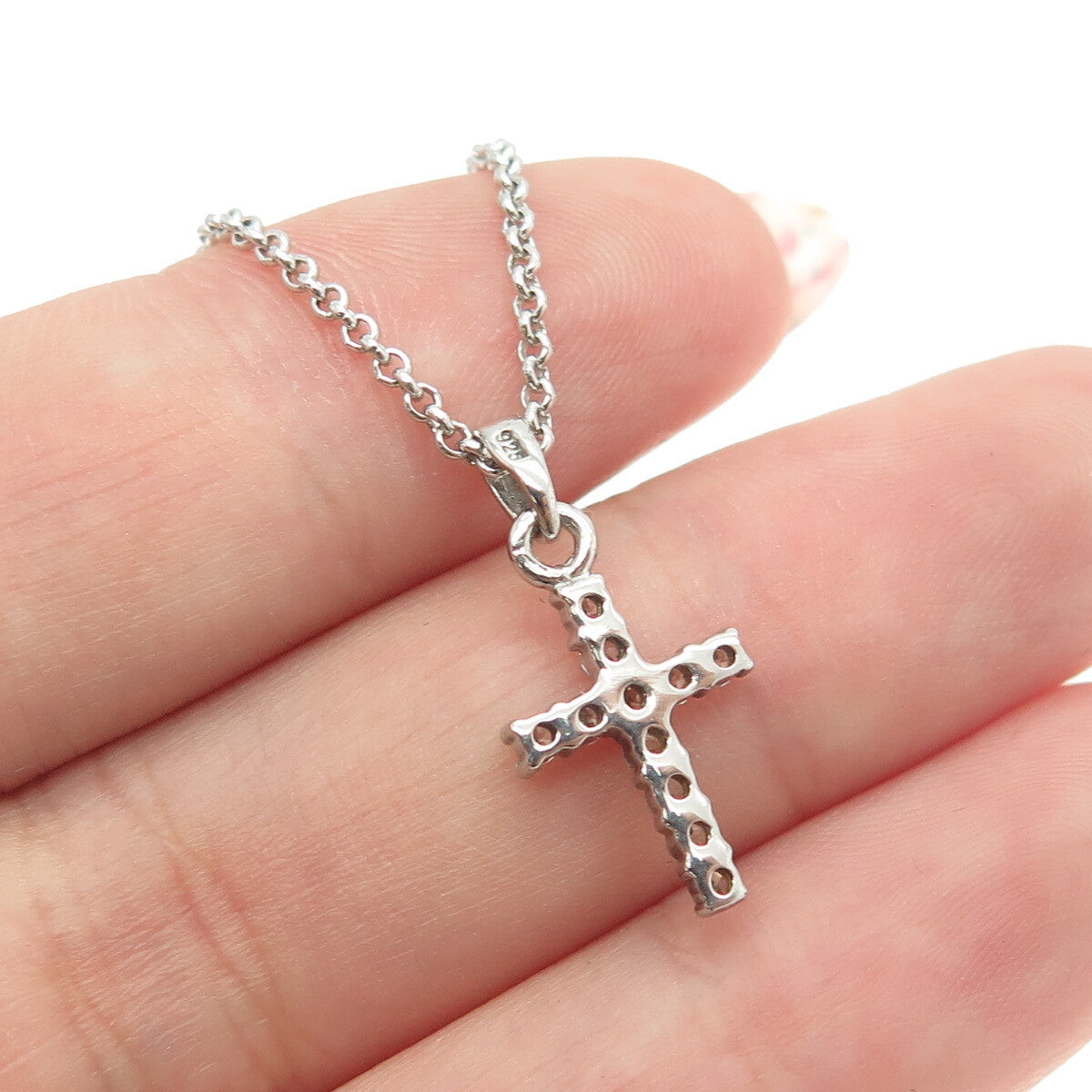 925 Sterling Silver Italy Round-Cut C Z Mini Cross Rolo Chain Necklace 16"