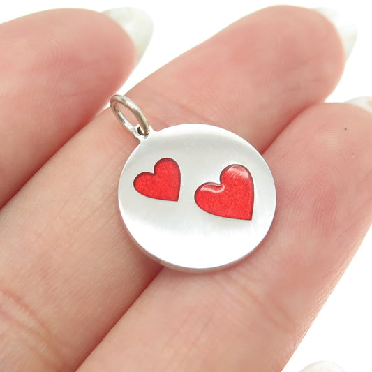 925 Sterling Silver Red Enamel Heart Couple Round Tag Minimalist Charm Pendant