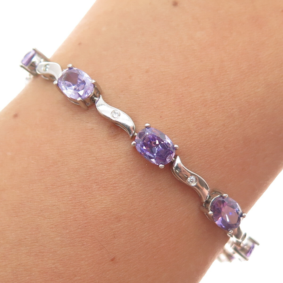 925 Sterling Silver Vintage Real Oval-Cut Amethyst & C Z Wavy Link Bracelet 7"