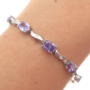 925 Sterling Silver Vintage Real Oval-Cut Amethyst & C Z Wavy Link Bracelet 7"