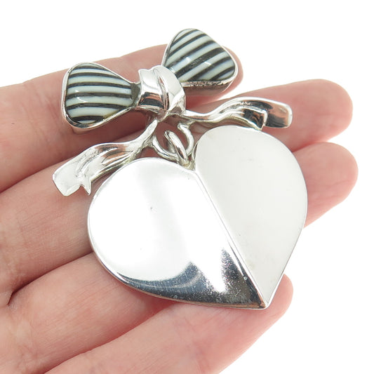 925 Sterling Silver Vintage Real White & Black Onyx Gem Bow Dangle Heart Brooch