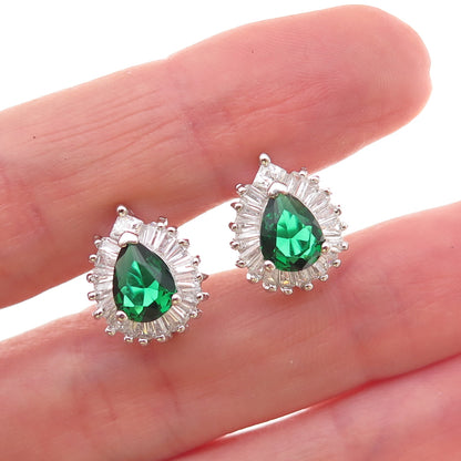 925 Sterling Silver Green & White C Z Teardrop Earrings