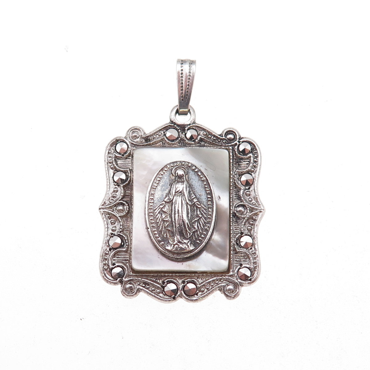 925 Sterling Silver Antique Art Deco Real MOP & Marcasite St. Mary Charm Pendant
