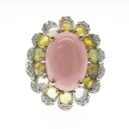 CHUCK CLEMENCY 925 Sterling Silver 2-Tone Coral Opal White Topaz Ring Size 7.25