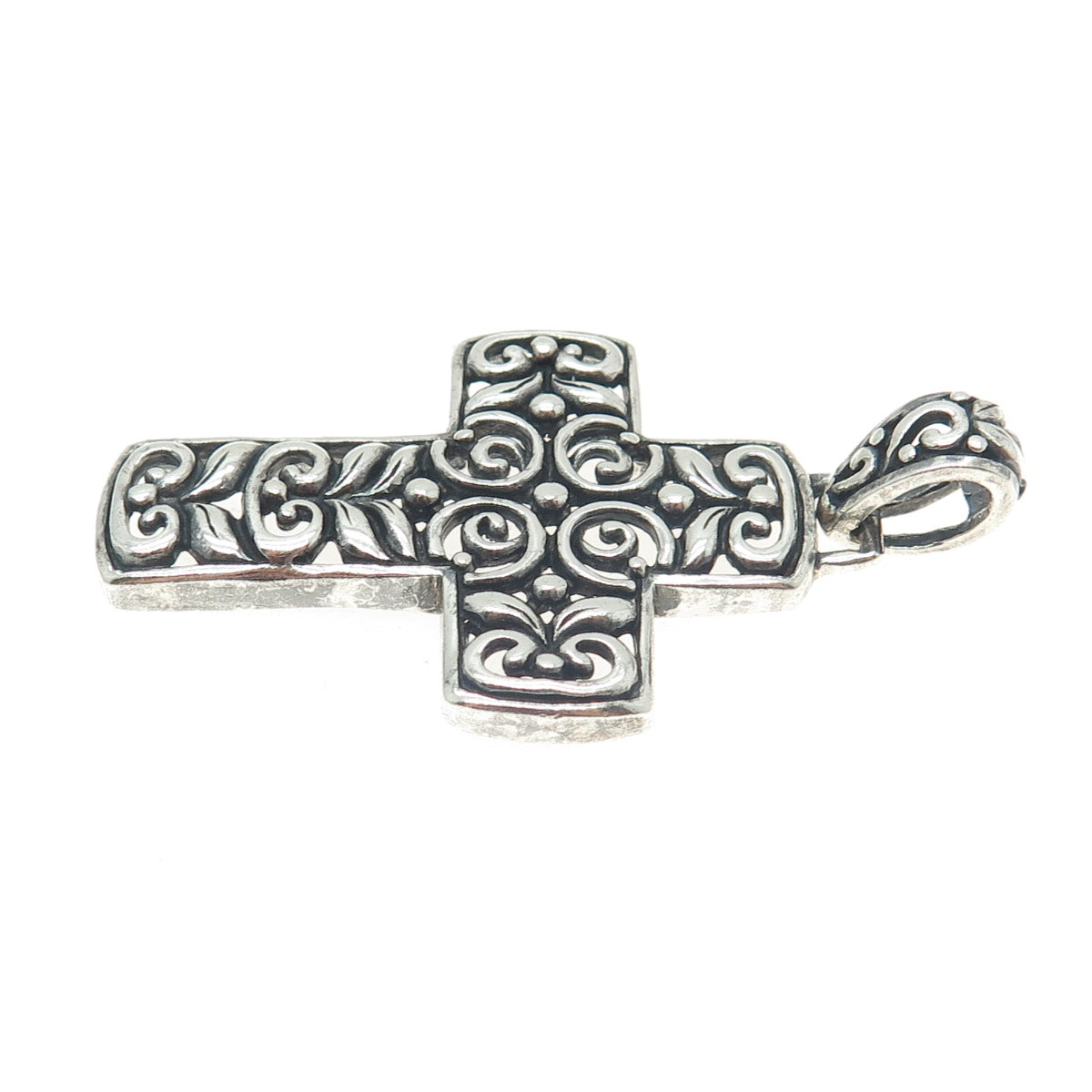 925 Sterling Silver Vintage Ornate Floral Cross Oxidized Pendant