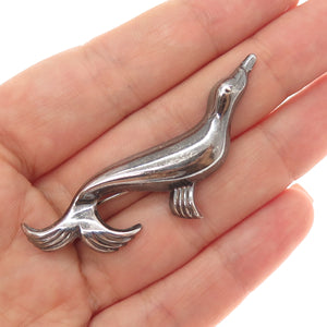 925 Sterling Silver Vintage Fur Seal Oxidized Pin Brooch