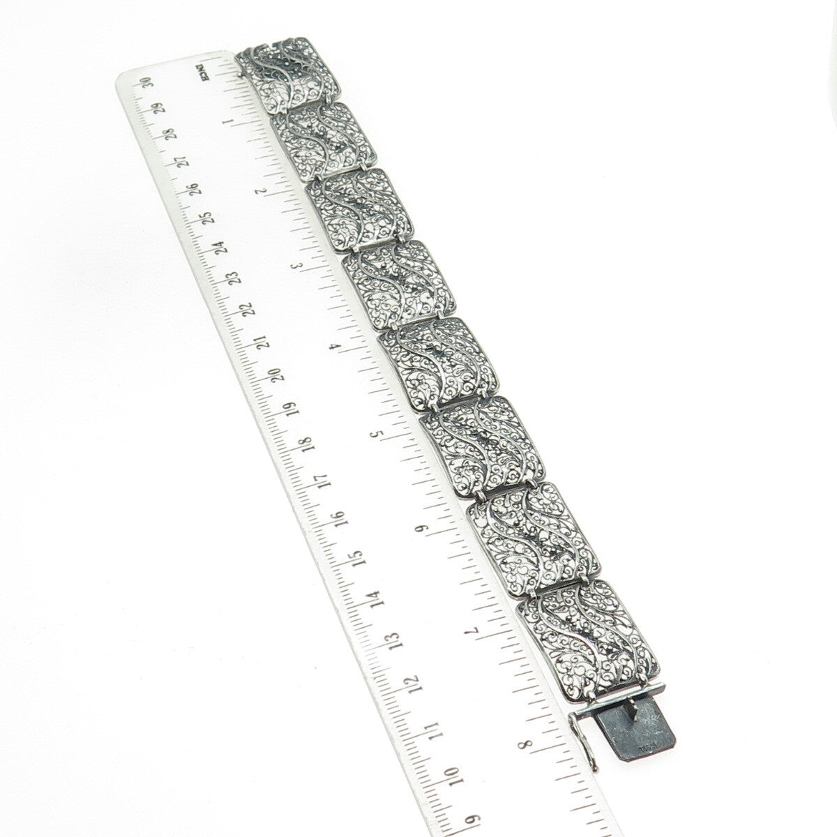 GUSTAV HAUBER 835 Silver Vintage Germany Filigree Panel Oxidized Bracelet 7.75"