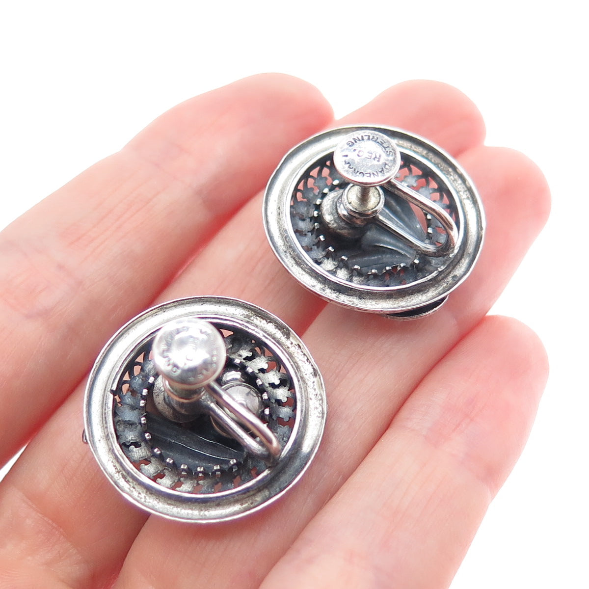 DANECRAFT 925 Sterling Silver Vintage Flower Oxidized Screw Back Earrings