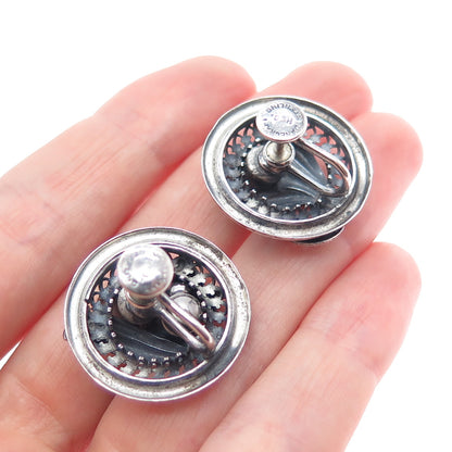 DANECRAFT 925 Sterling Silver Vintage Flower Oxidized Screw Back Earrings