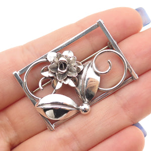 925 Sterling Silver Antique Art Deco Flower Oxidized Pin Brooch