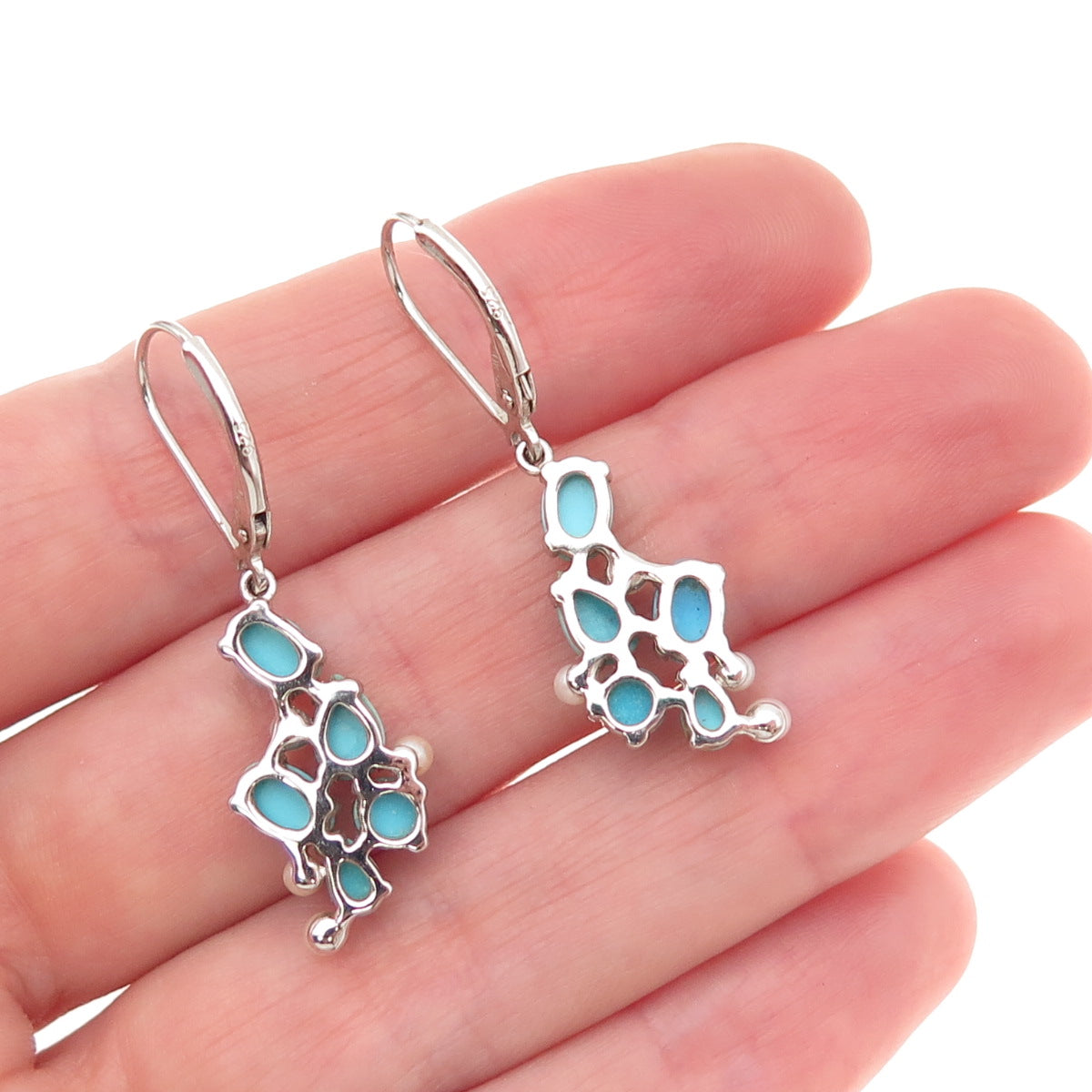 925 Sterling Silver Real Turquoise & Pearl Cluster Dangle Earrings