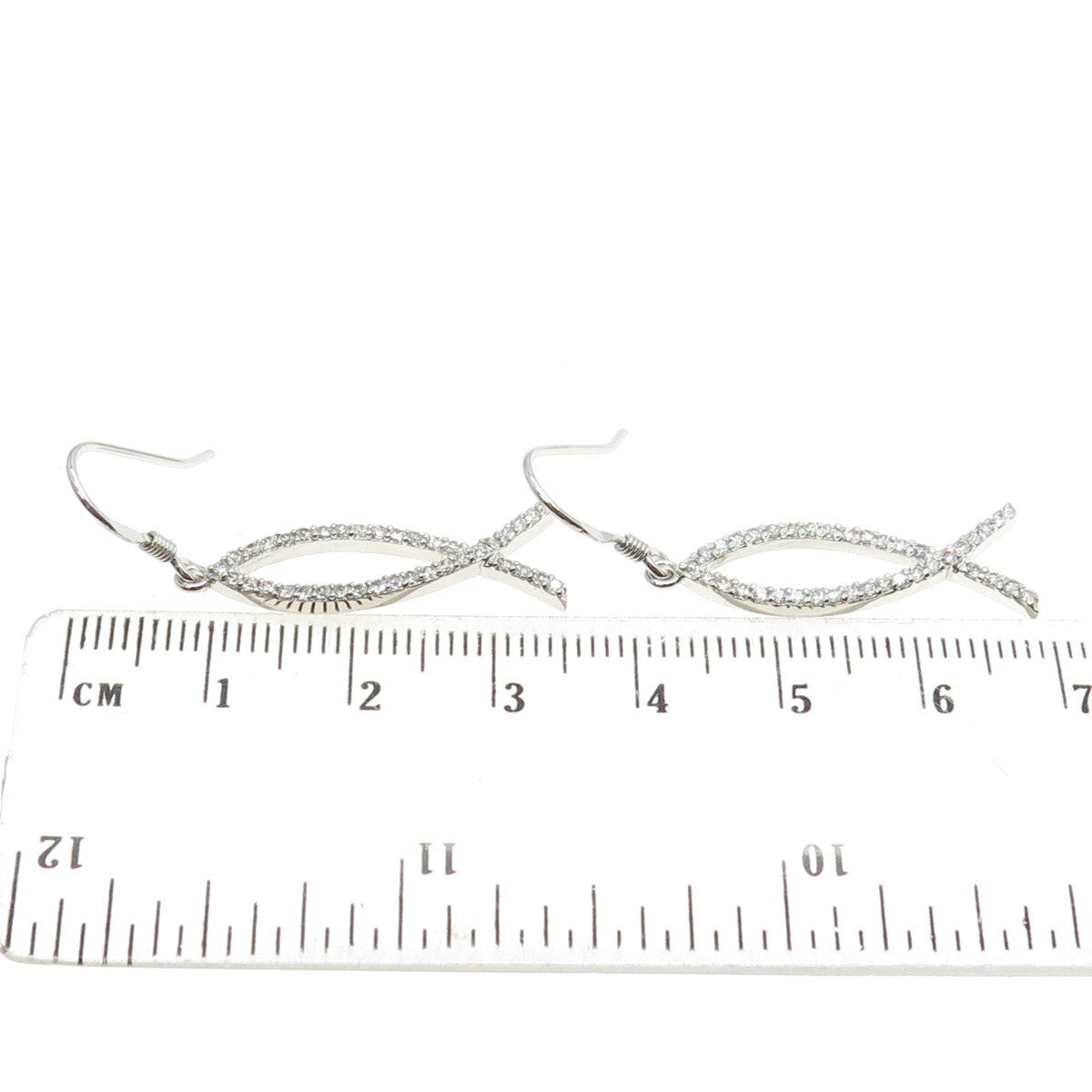 925 Sterling Silver Round-Cut Shaped C Z Ichthys Fish Dangling Hook Earrings