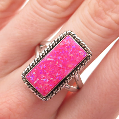 Old Pawn 925 Sterling Silver Vintage Southwestern Pink Opal Tribal Ring Size 9