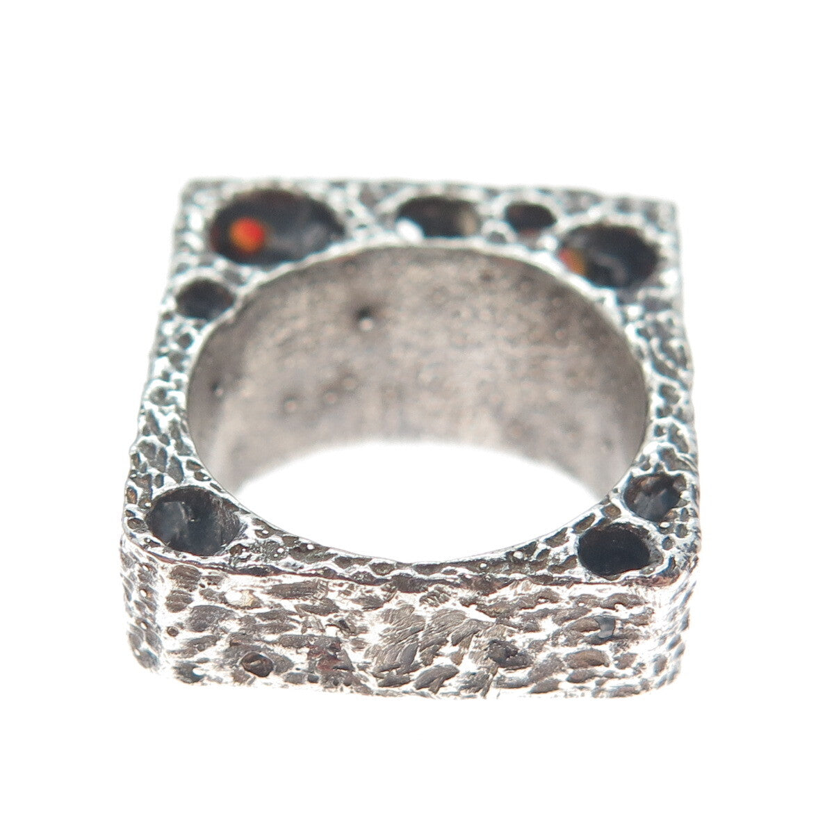 925 Sterling Silver 2-Tone Vintage Real Garnet Modernist Oxidized Ring Size 5