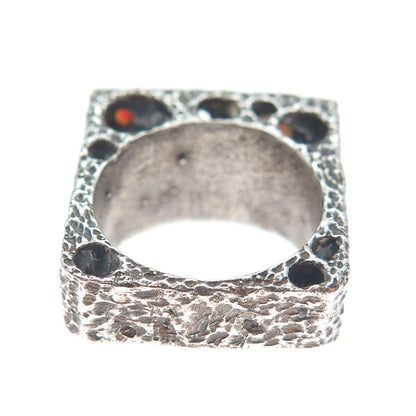 925 Sterling Silver 2-Tone Vintage Real Garnet Modernist Oxidized Ring Size 5